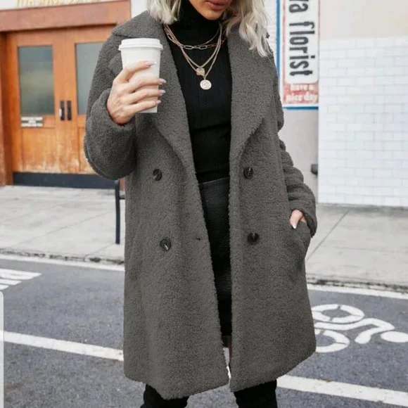 Gray Faux fur teddy pea coat contemporary - Picture 4 of 6